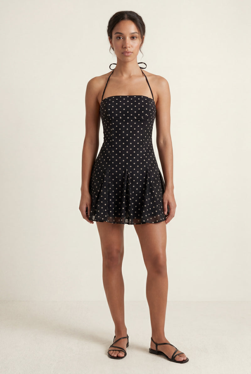 Black Black Polka Dot Halter Mini Dress with Flared Skirt - Photo 1
