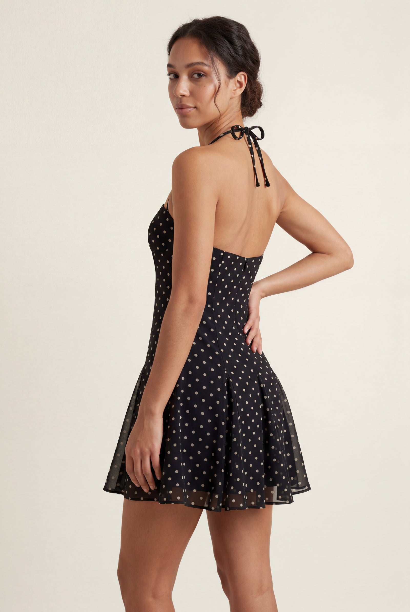 Black Black Polka Dot Halter Mini Dress with Flared Skirt - Photo 2