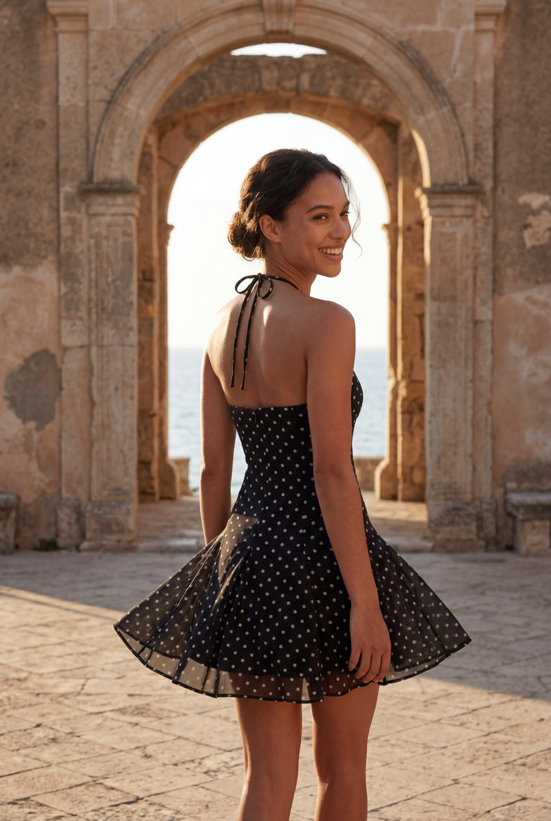 Black Black Polka Dot Halter Mini Dress with Flared Skirt - Photo 4