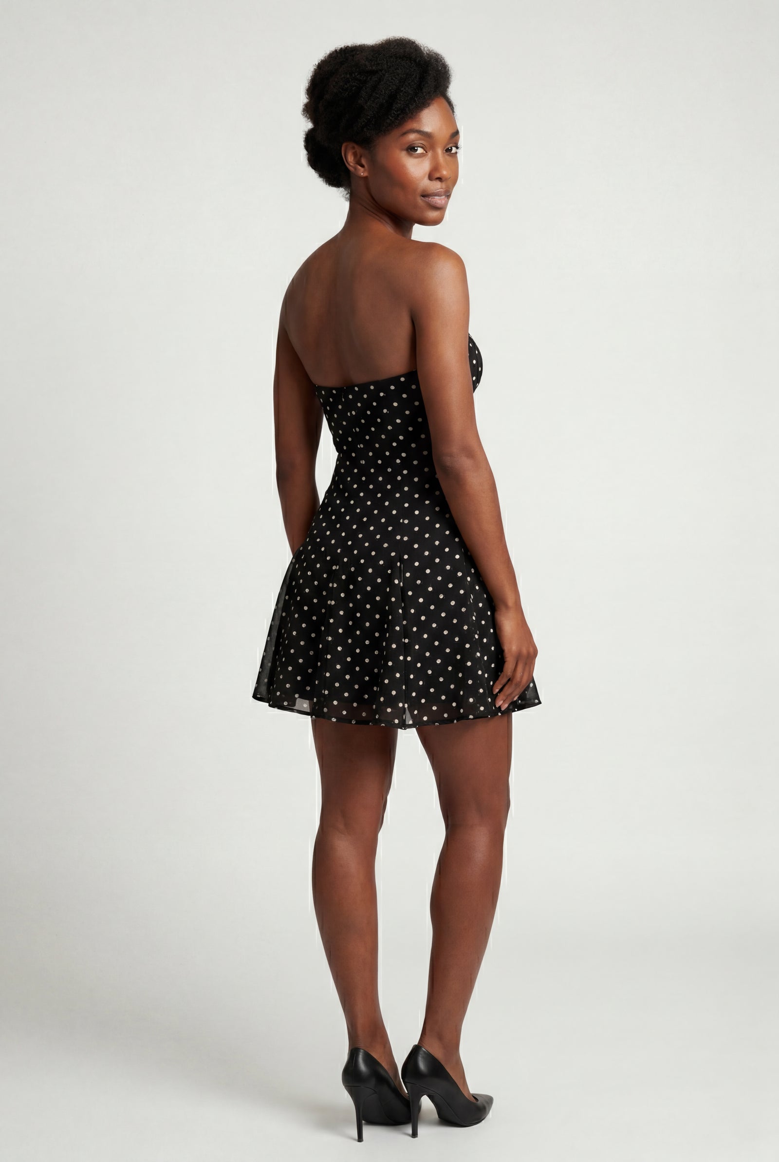 Black Black Polka Dot Halter Mini Dress with Flared Skirt - Photo 6