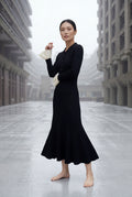 Black Black Ribbed Maxi Dress with Dramatic Contrast Cuffs - Photo 4