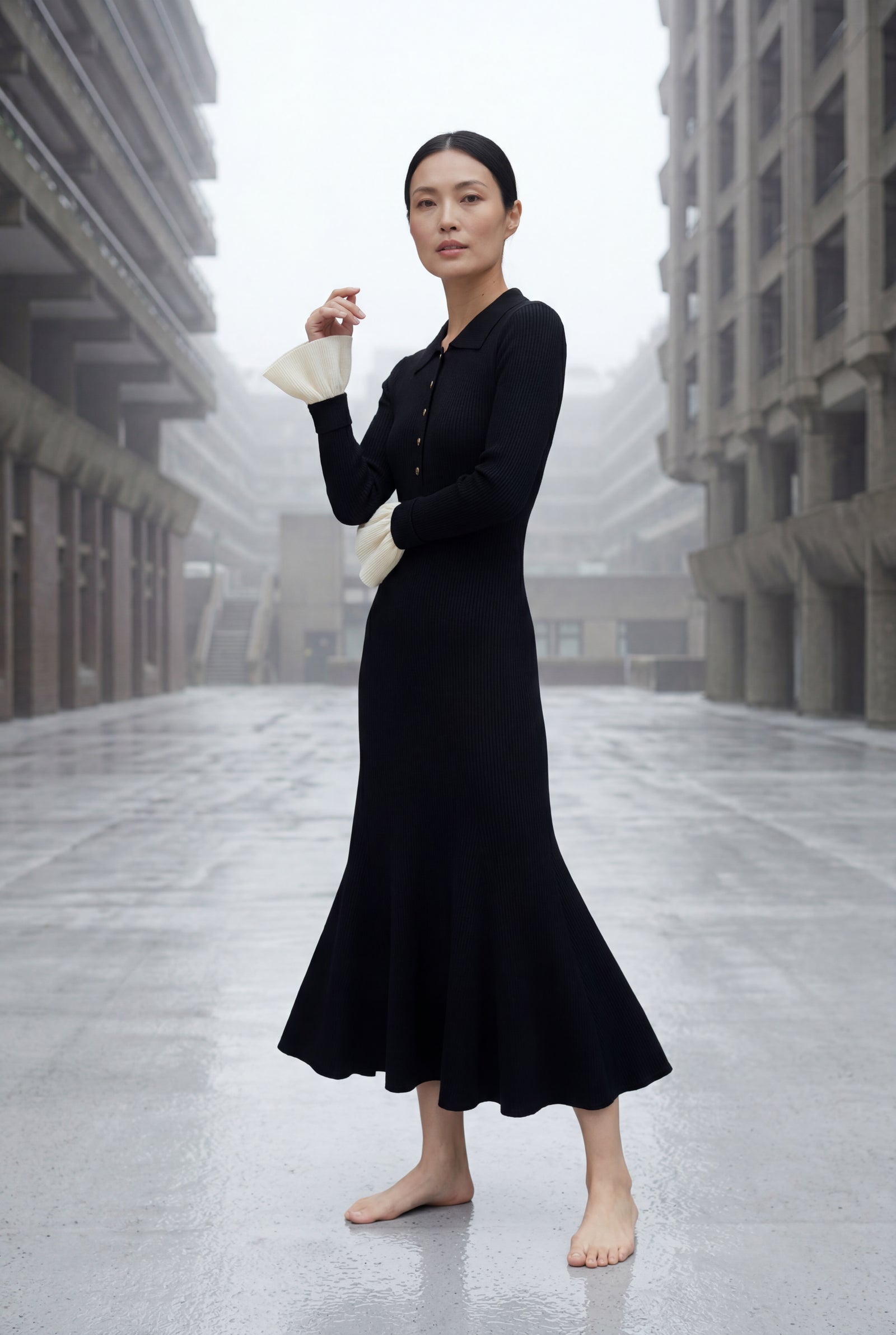 Black Black Ribbed Maxi Dress with Dramatic Contrast Cuffs - Photo 4