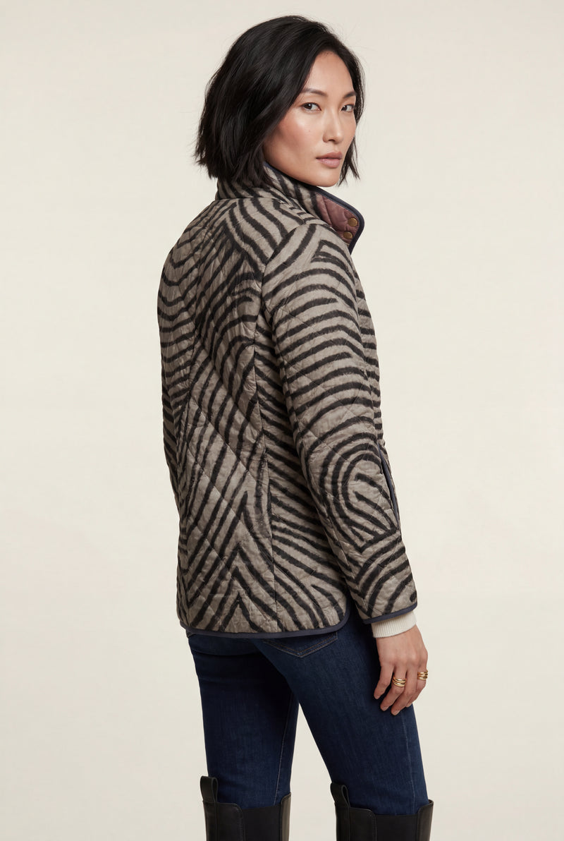 Black Black Zebra Print Quilted Hip Length Jacket with Stand Collar - Quilted jacket - Photo 2