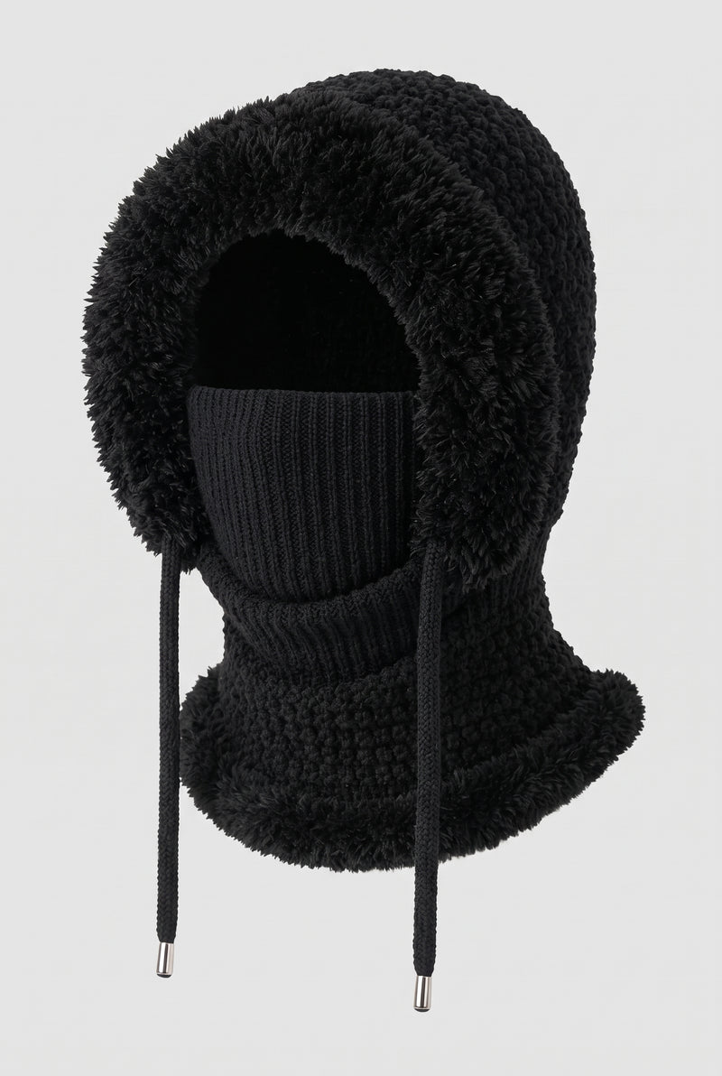 Boucle Knit Hooded Balaclava in Black — studio front
