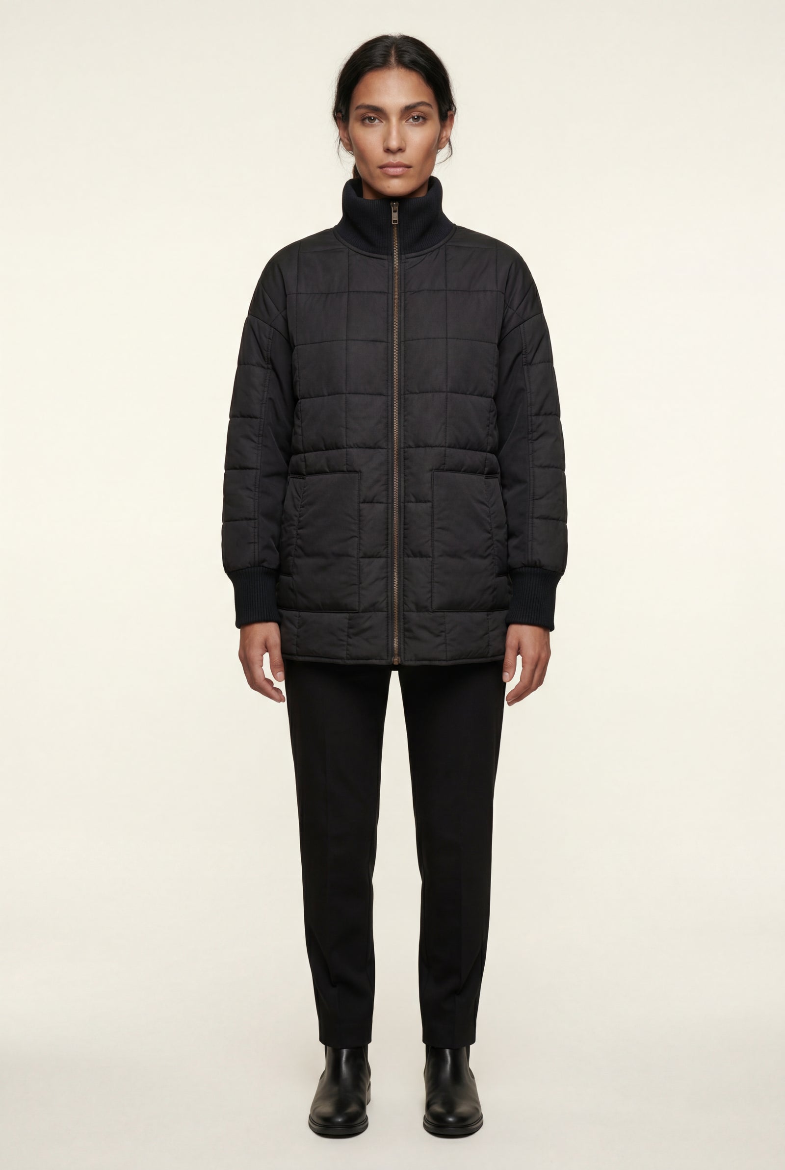 Black Boxy Quilted Zip-front Winter Coat with Stand Collar - Photo 1