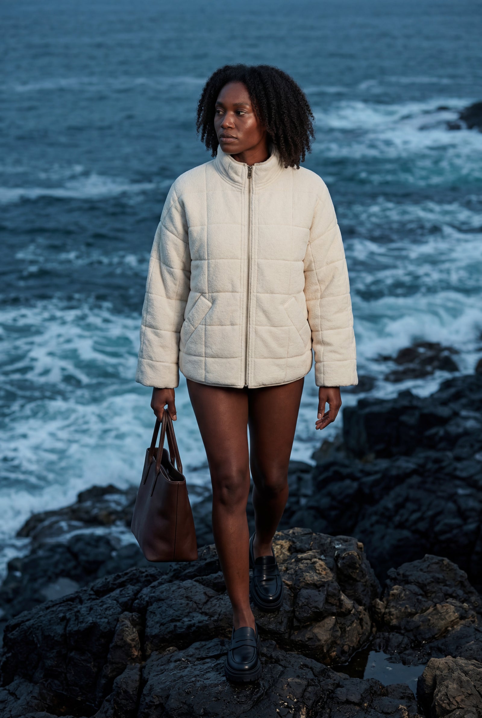 Cream Boxy Quilted Zip-front Winter Coat with Stand Collar - Photo 6