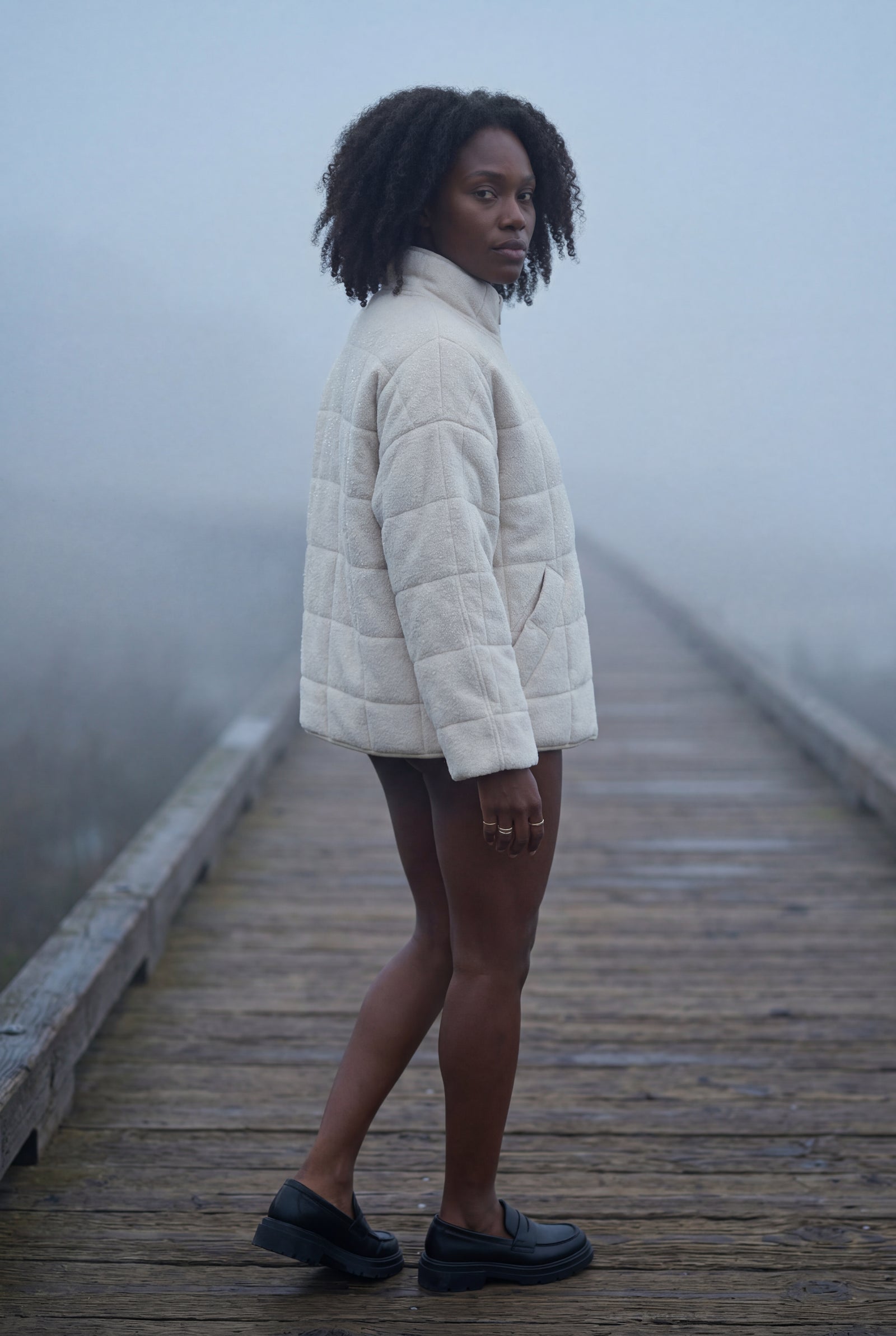 Cream Boxy Quilted Zip-front Winter Coat with Stand Collar - Photo 7