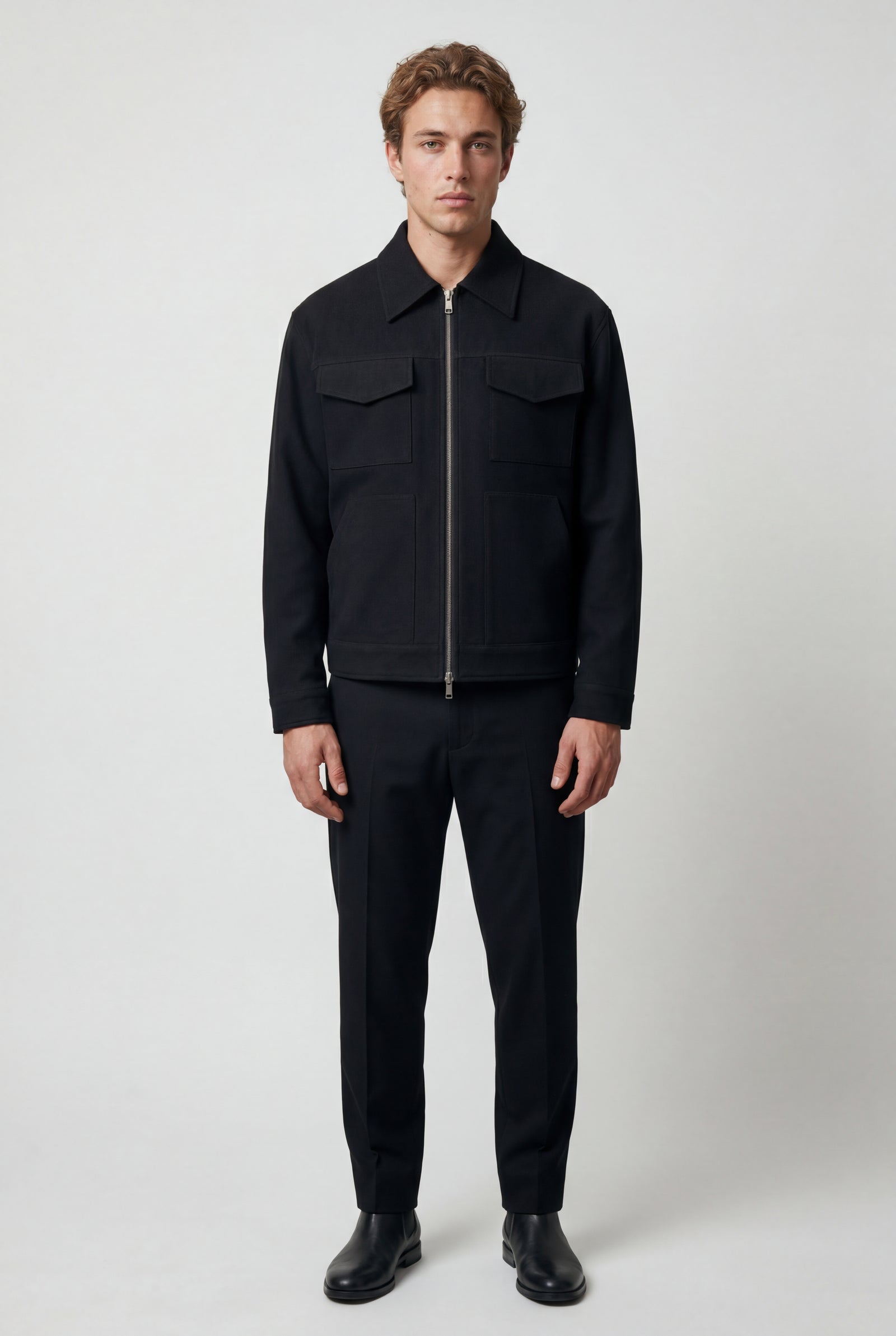 Black Boxy Trucker Jacket with Classic Collar - Casual jackets - Photo 2