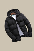 Broad Baffle Hooded Puffer in Black — front view