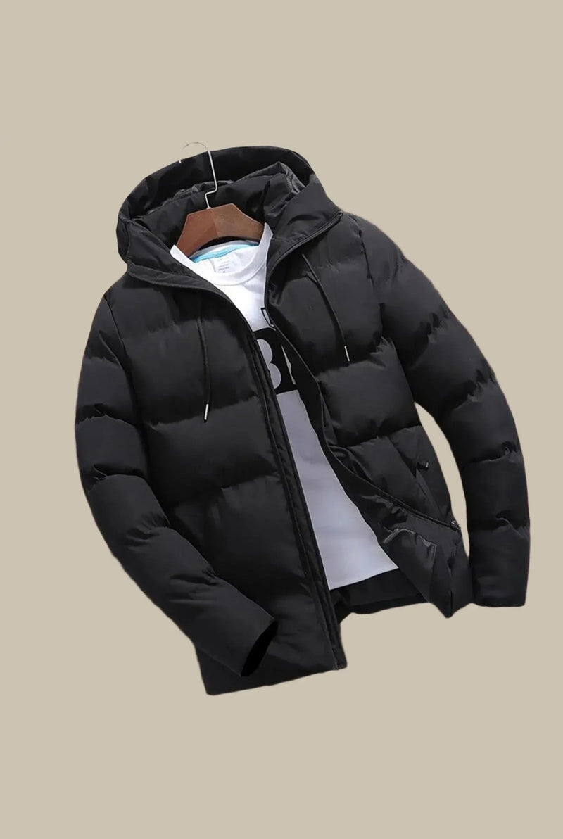 Broad Baffle Hooded Puffer in Black — front view