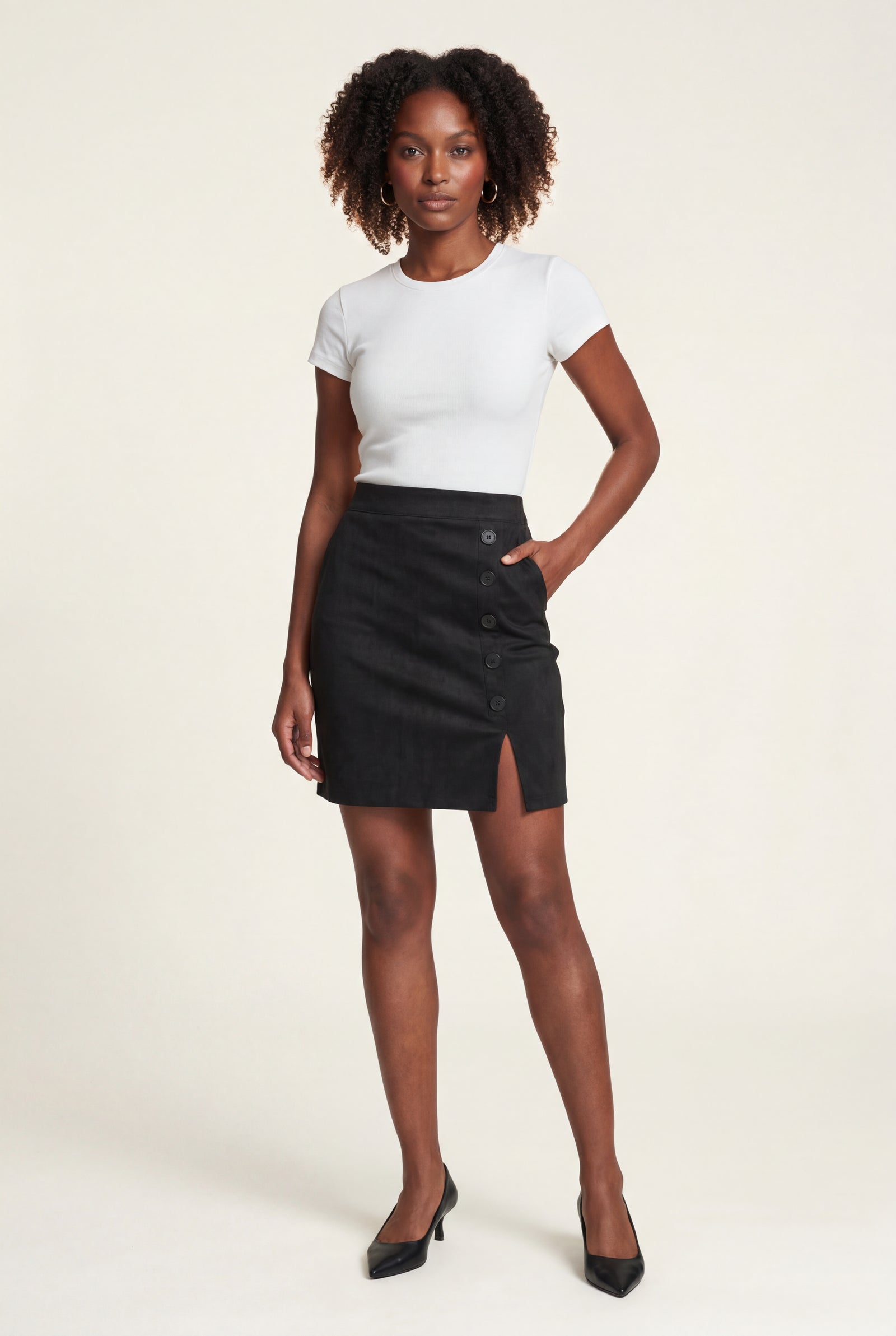 Black Button-front Mini Skirt with Side Slit - Mini skirts - Photo 2