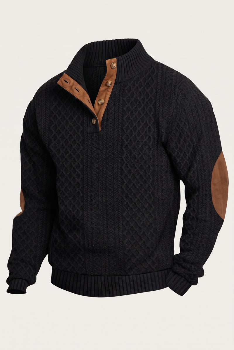 Cable Knit Quarter-Button Sweater in Black — studio front