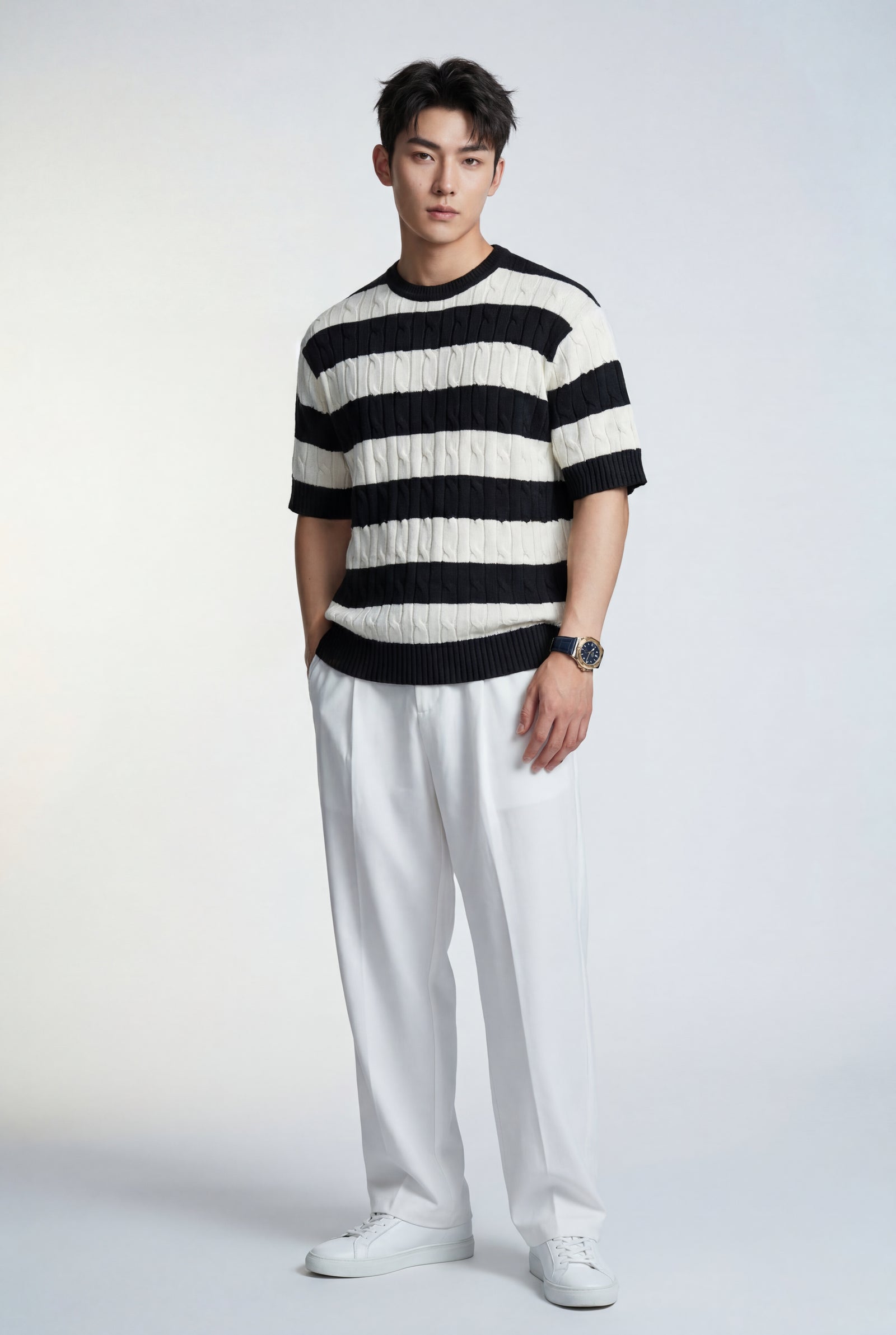 Black Cable Striped Short Sleeve Crewneck Sweater - Short sleeve t-shirts - Photo 2