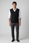 Black Cable V-neck Sweater Vest with Ribbed Hem - Vests - Photo 1