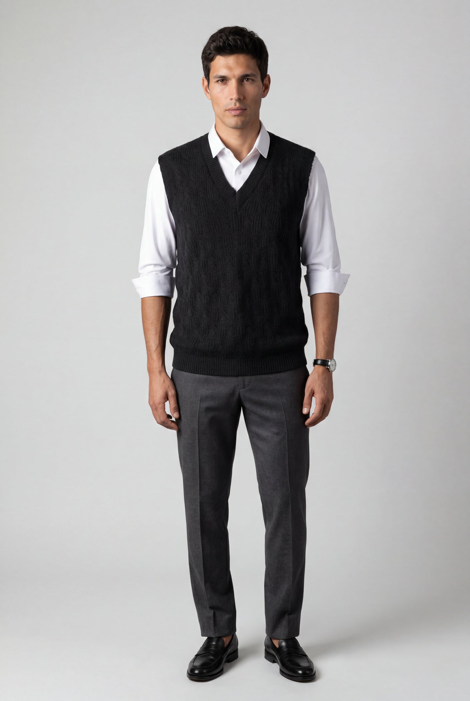 Black Cable V-neck Sweater Vest with Ribbed Hem - Vests - Photo 1
