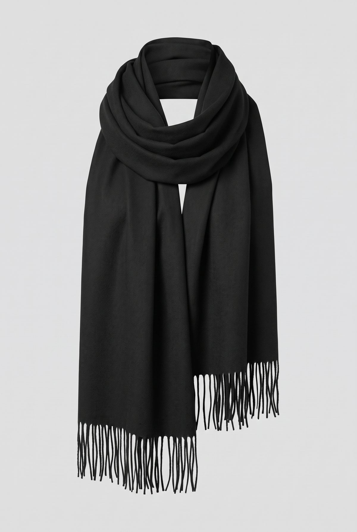 Cashmere Fringed Scarf in Black — studio front