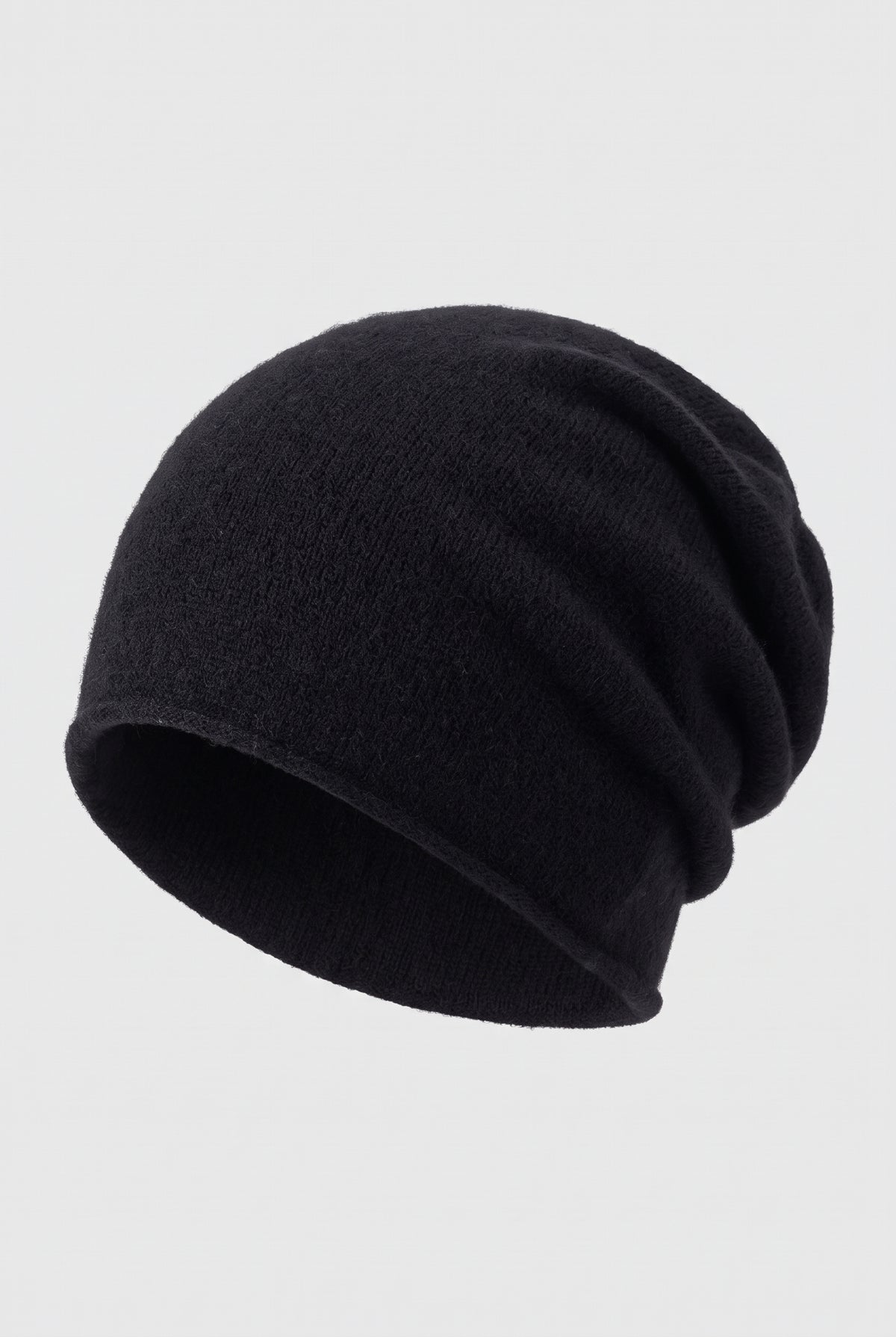 Cashmere Knit Beanie in Black — studio front
