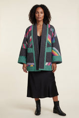 Black Charcoal Colorblock Quilted Kimono Jacket - Mid-length jackets - Photo 1