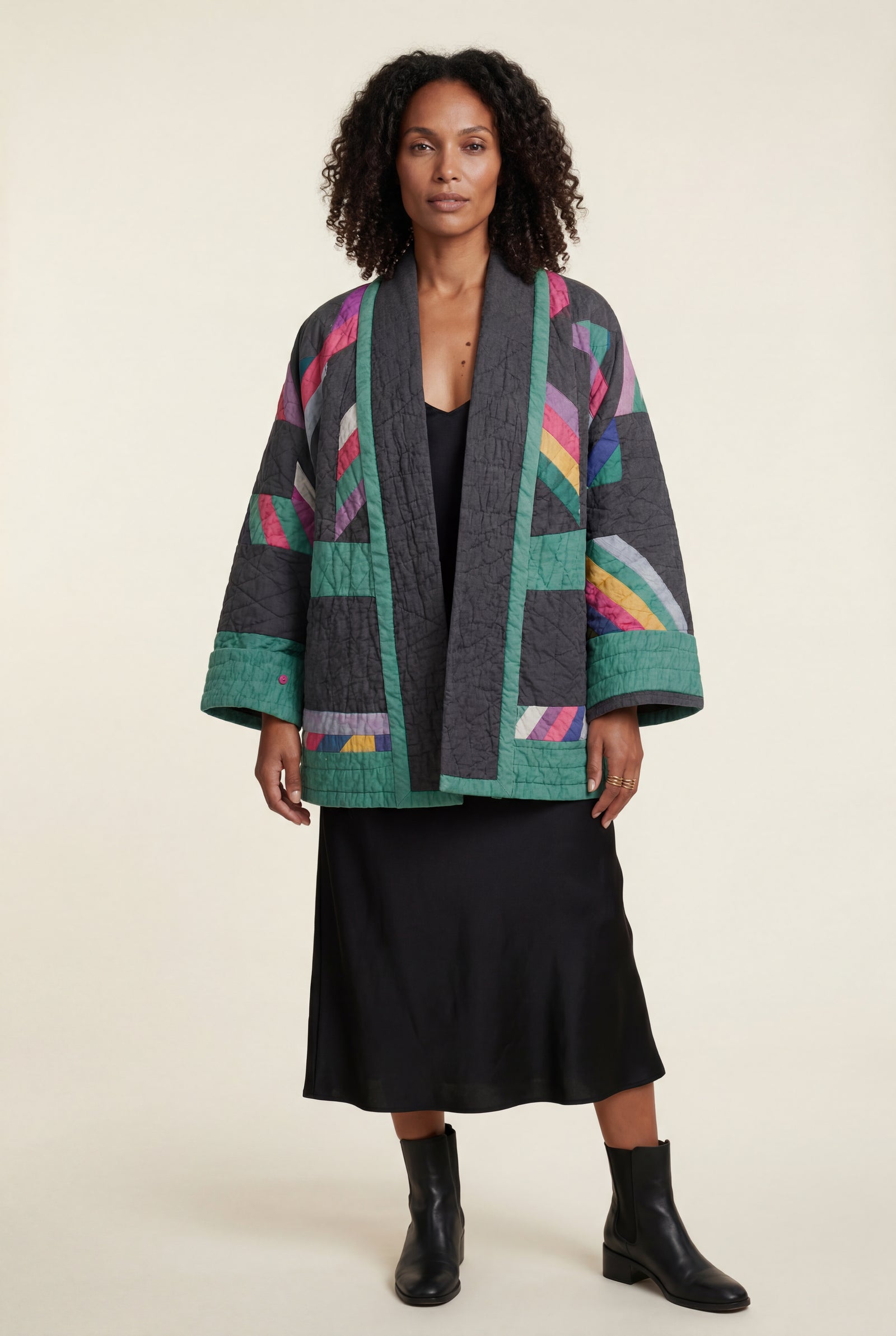 Black Charcoal Colorblock Quilted Kimono Jacket - Mid-length jackets - Photo 1