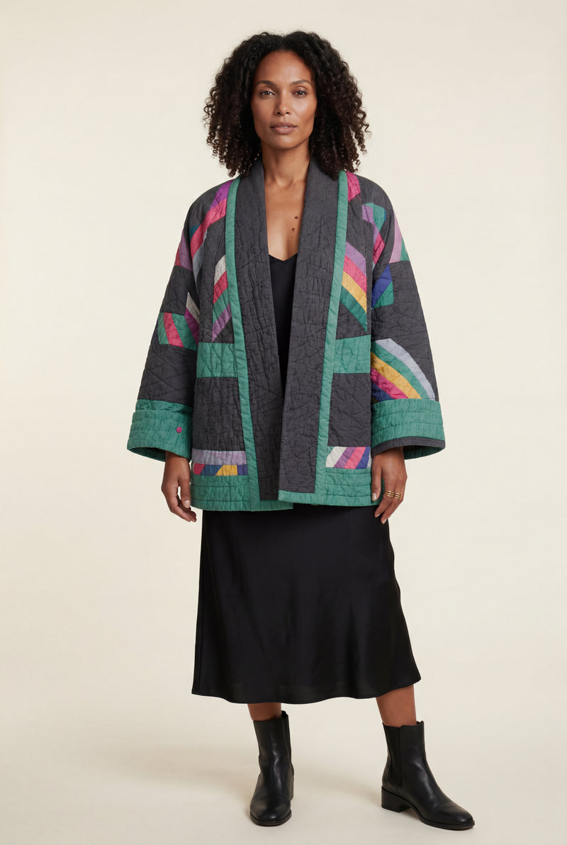 Black Charcoal Colorblock Quilted Kimono Jacket - Mid-length jackets - Photo 1