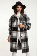 Black Checked Button-front Long Plaid Coat with Chest Pockets - Long coat - Photo 7