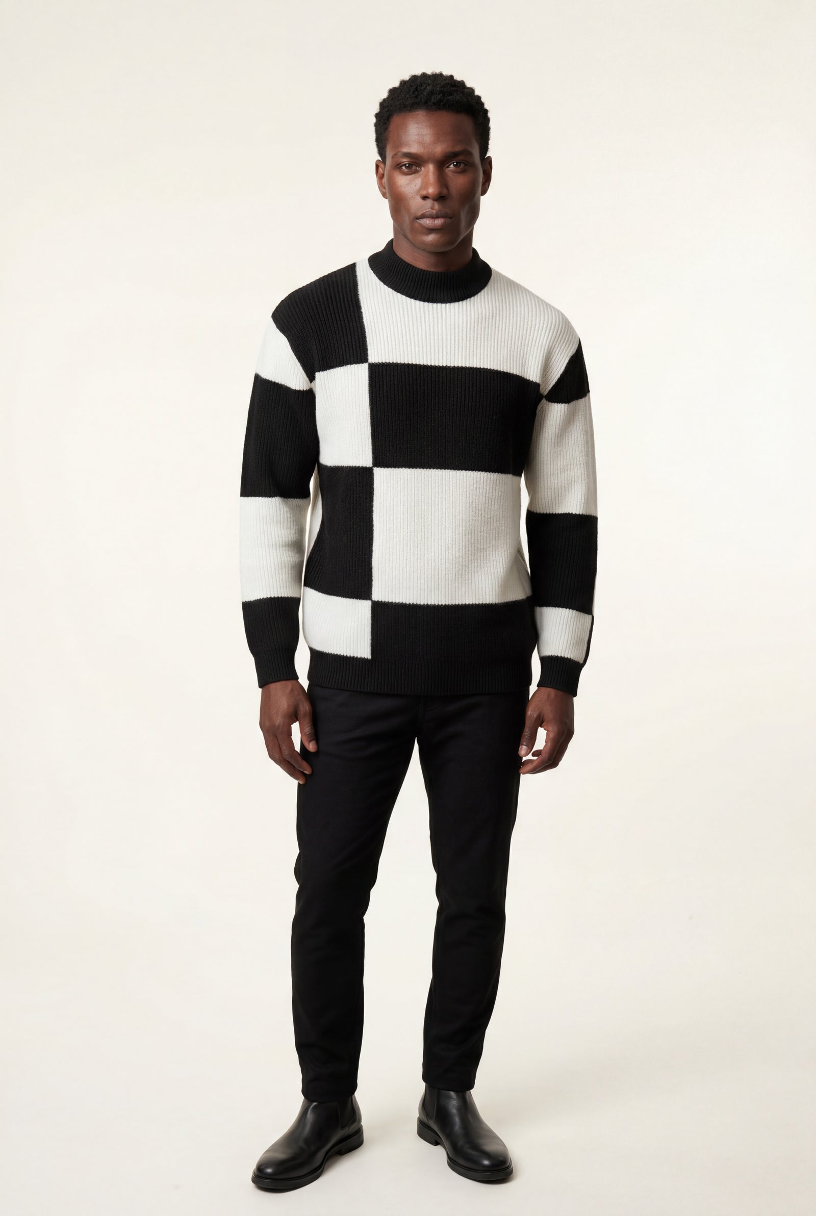Black Checkered Block Crewneck Sweater with Ribbed Details - Checkered knit sweater - Photo 1