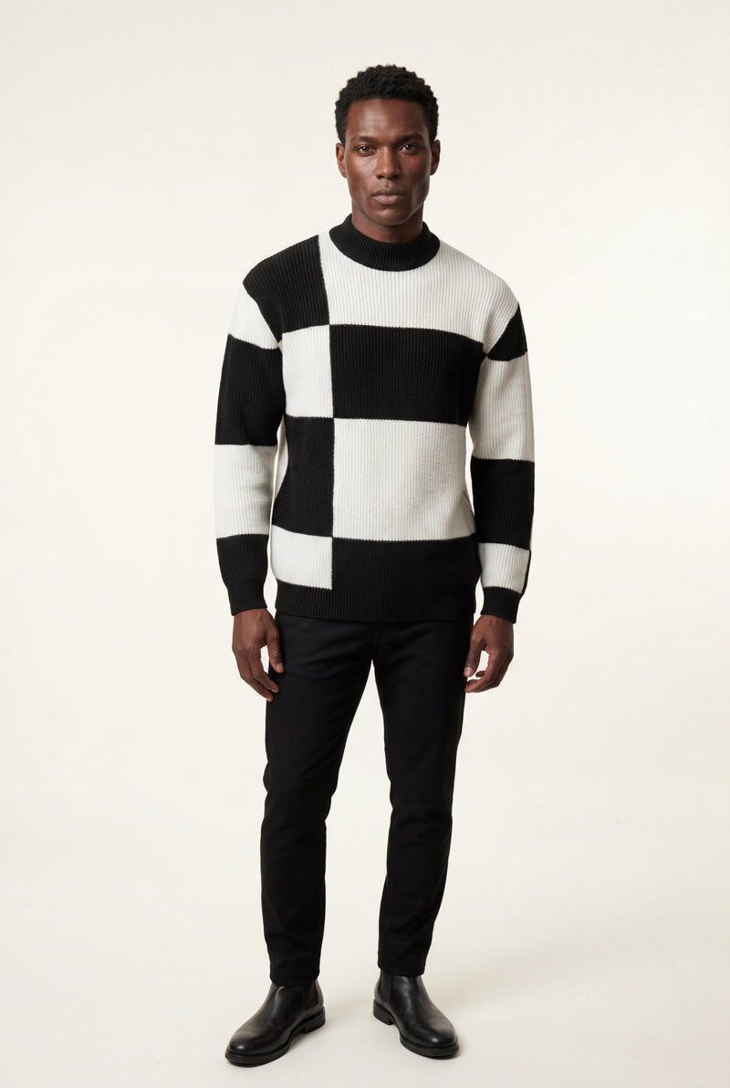 Black Checkered Block Crewneck Sweater with Ribbed Details - Checkered knit sweater - Photo 1