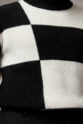 Black Checkered Block Crewneck Sweater with Ribbed Details - Checkered knit sweater - Photo 4