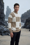 Khaki Checkered Block Crewneck Sweater with Ribbed Details - Checkered knit sweater - Photo 5