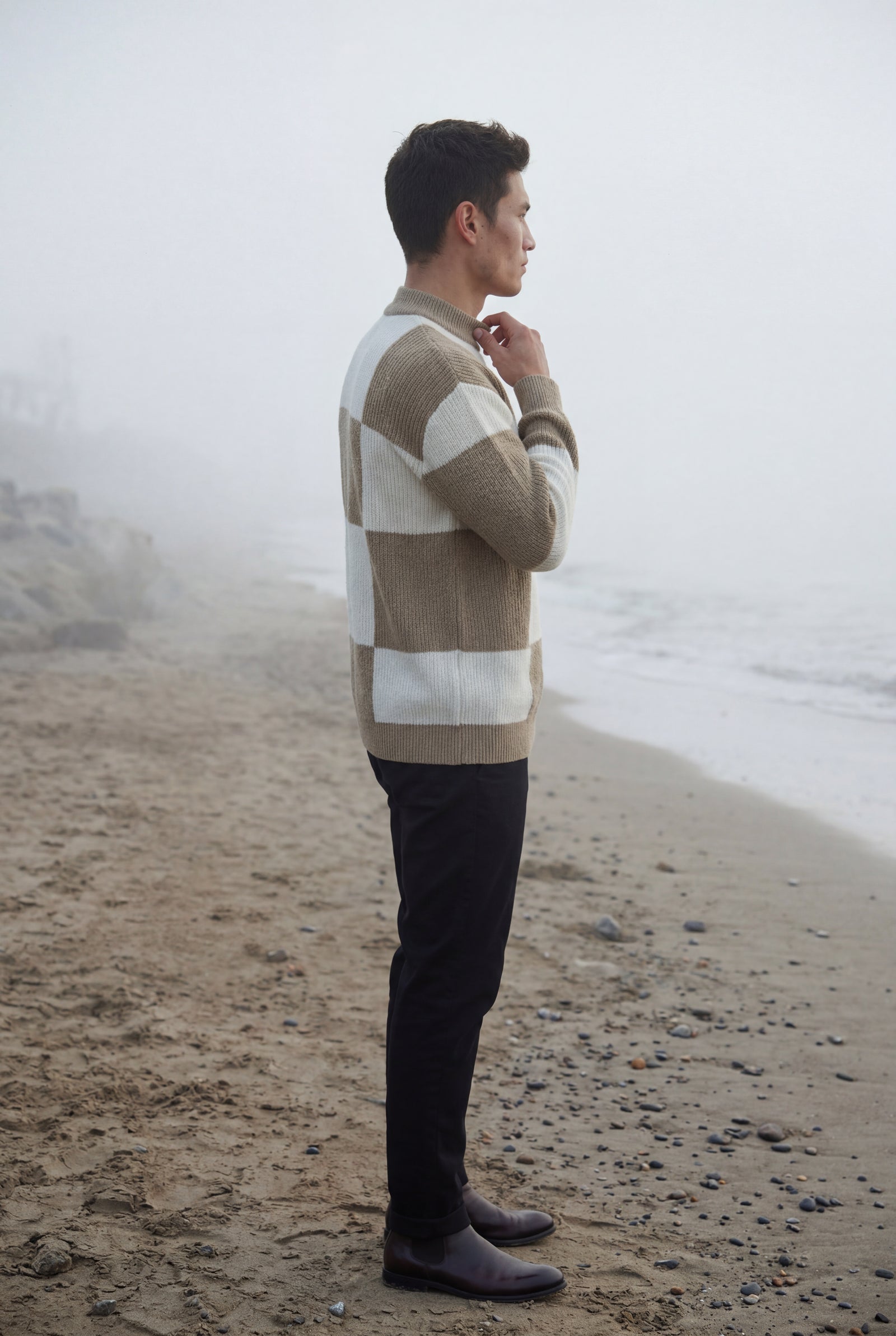 Khaki Checkered Block Crewneck Sweater with Ribbed Details - Checkered knit sweater - Photo 7