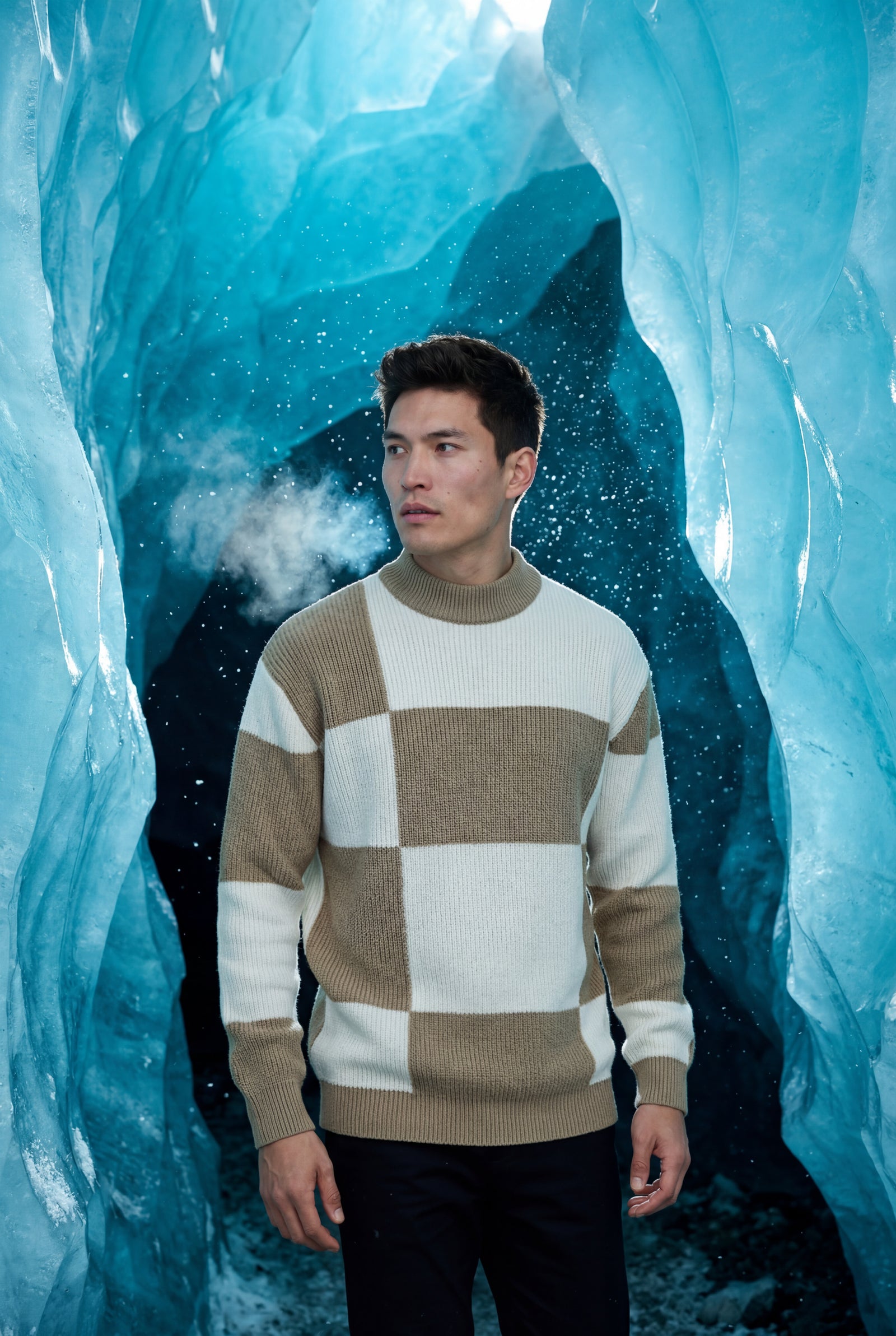 Khaki Checkered Block Crewneck Sweater with Ribbed Details - Checkered knit sweater - Photo 8