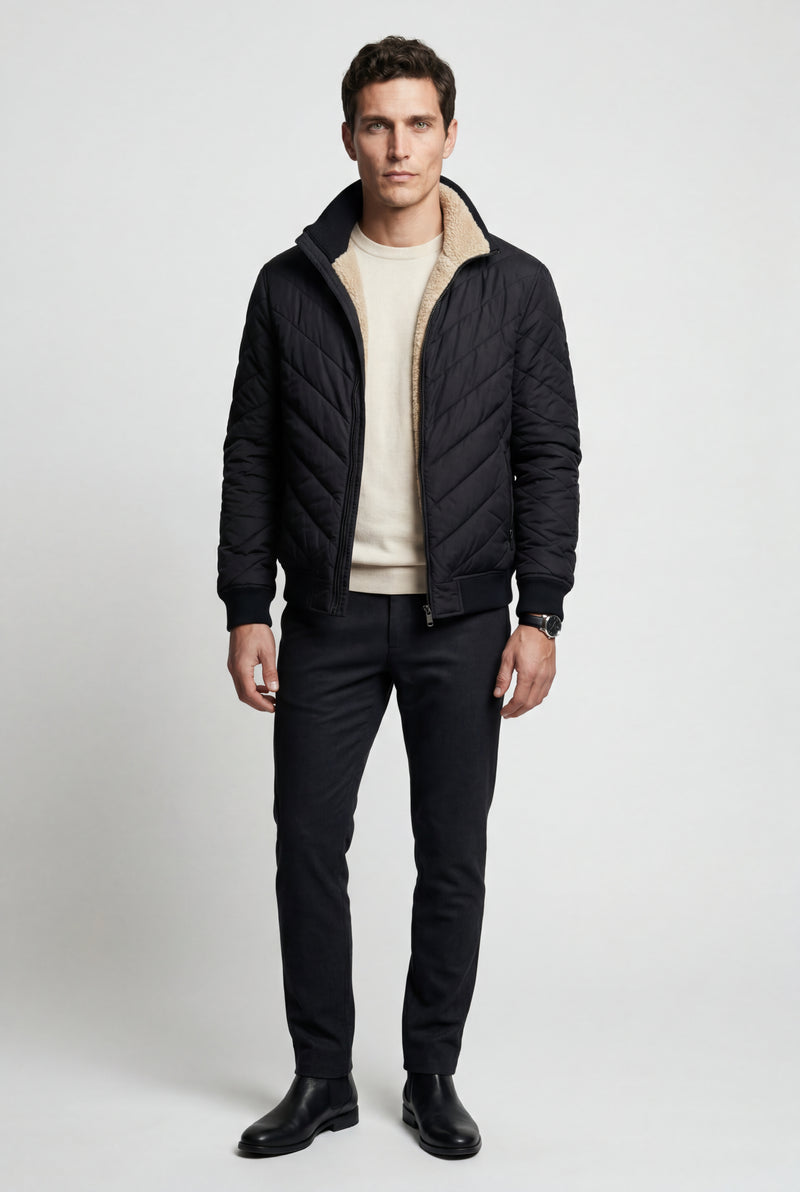 Black Chevron Quilted Lightweight Bomber Jacket with Stand Collar - Quilted jacket - Photo 1