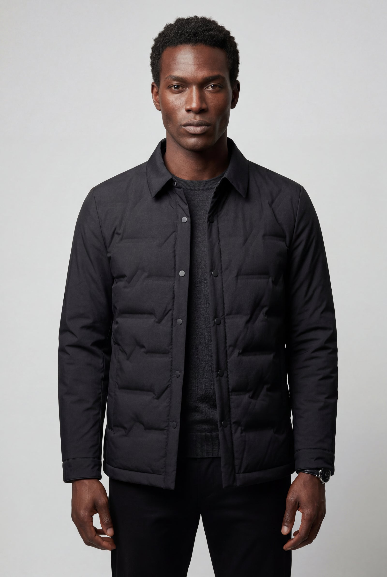 Black Chevron Quilted Snap-front Puffer Shirt Jacket - Puffer jackets - Photo 3
