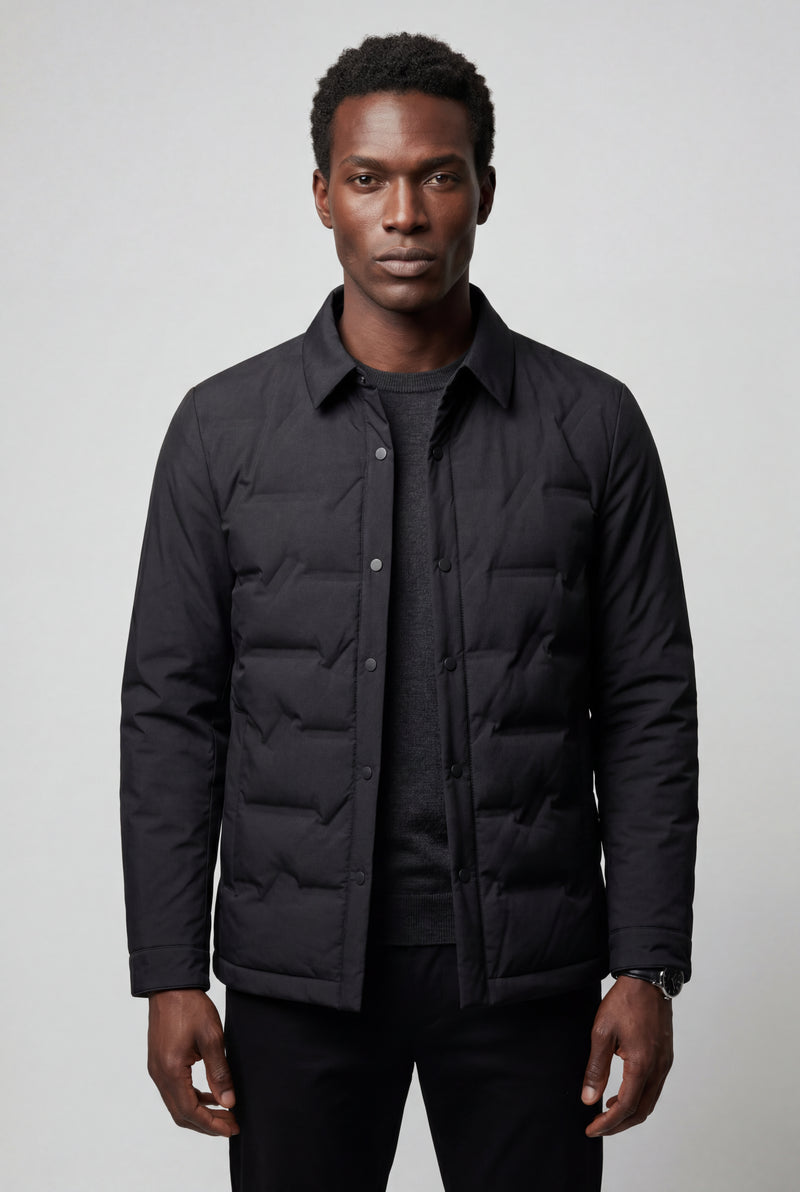 Black Chevron Quilted Snap-front Puffer Shirt Jacket - Puffer jackets - Photo 3