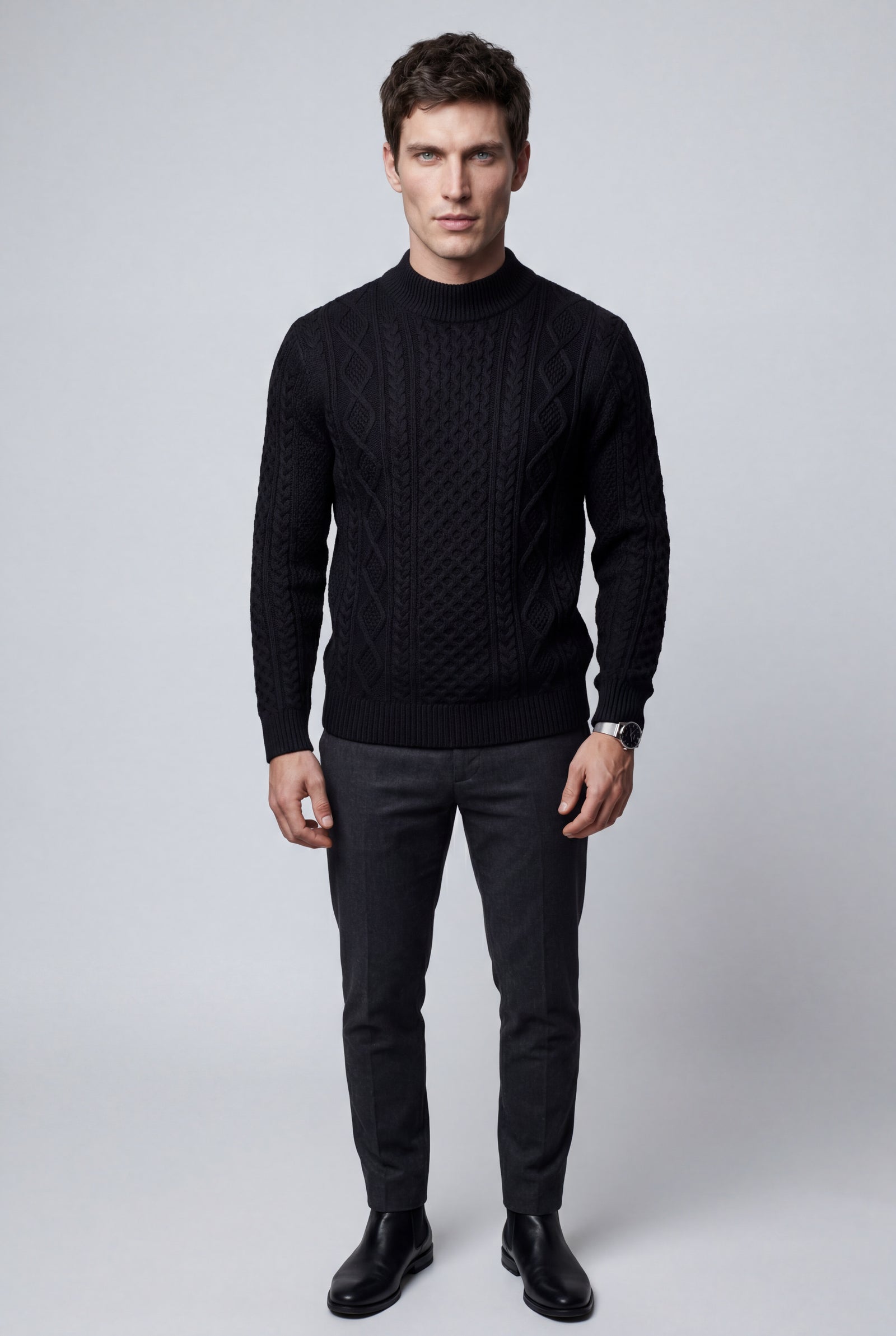Black Chunky Cable Crewneck Sweater with Ribbed Hem - Photo 6