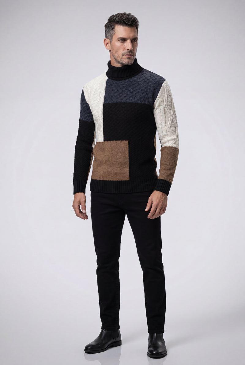 Black Chunky Color Block Cable Turtleneck Sweater - Crewneck sweater - Photo 3