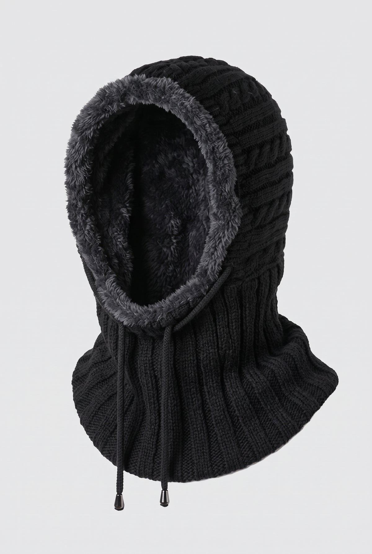 Chunky Knit Hooded Neck Warmer in Black — studio front