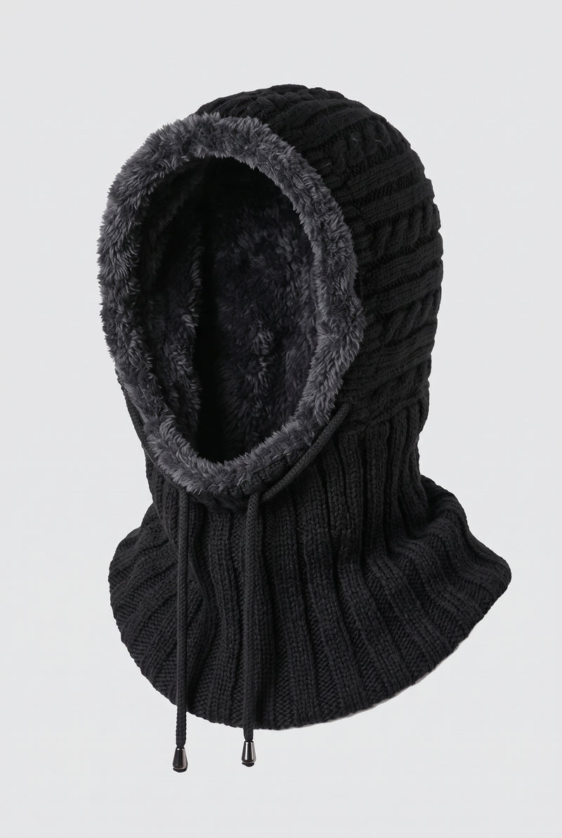 Chunky Knit Hooded Neck Warmer in Black — studio front