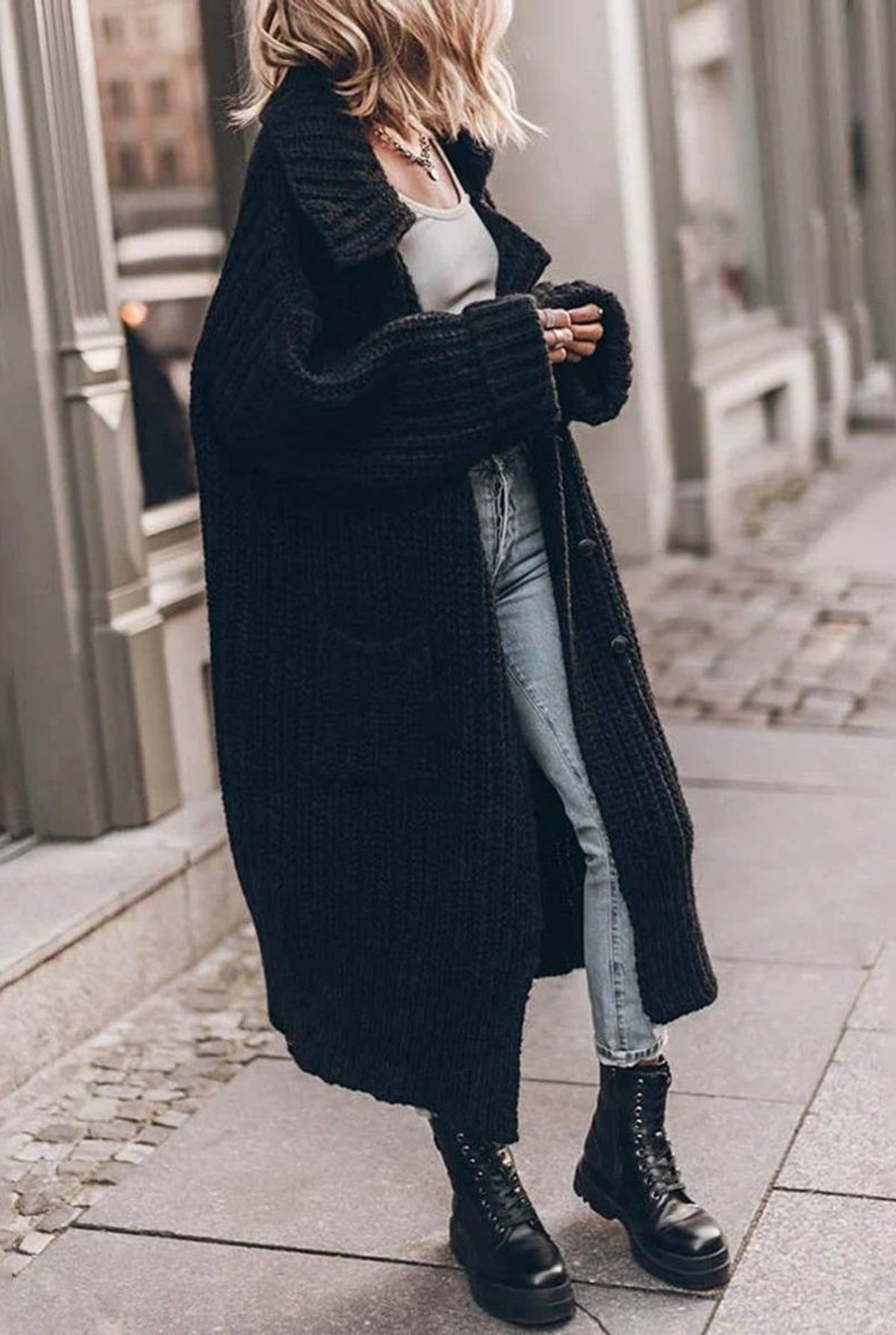 Chunky Knit Oversized Cardigan in Black — front view