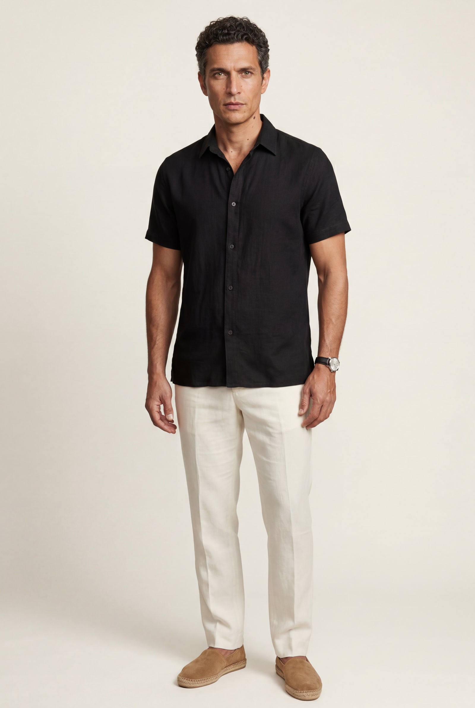 Black Classic Collar Short Sleeve Relaxed Fit Shirt - Casual shirts - Photo 4