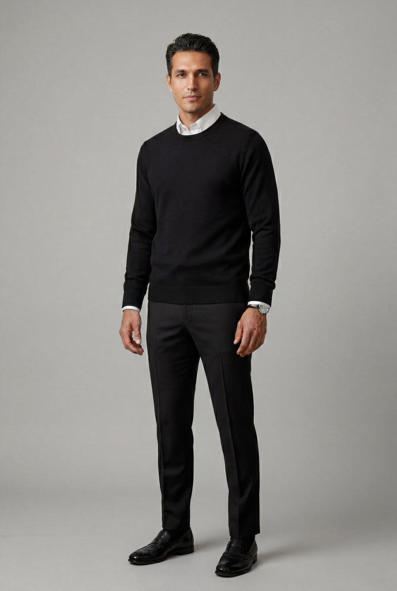 Black Classic Crew Neck Pullover Sweater with Ribbed Trim - Round neck sweater - Photo 2