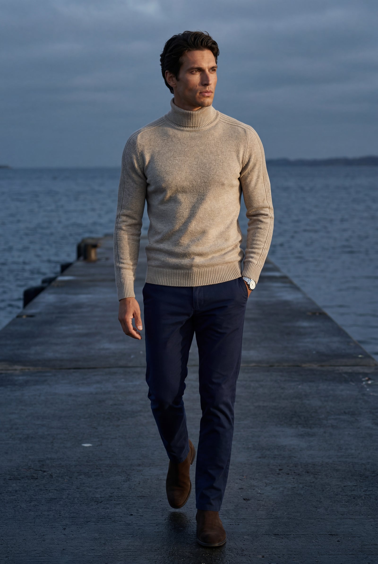 Beige Classic Slim Fit Turtleneck Sweater - Photo 5