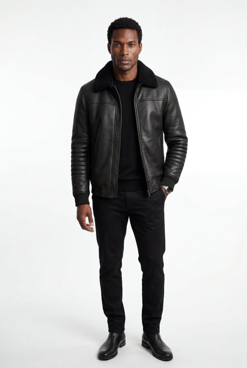 Black Collar Bomber Jacket with Ribbed Sleeves - Winter jackets - Photo 1