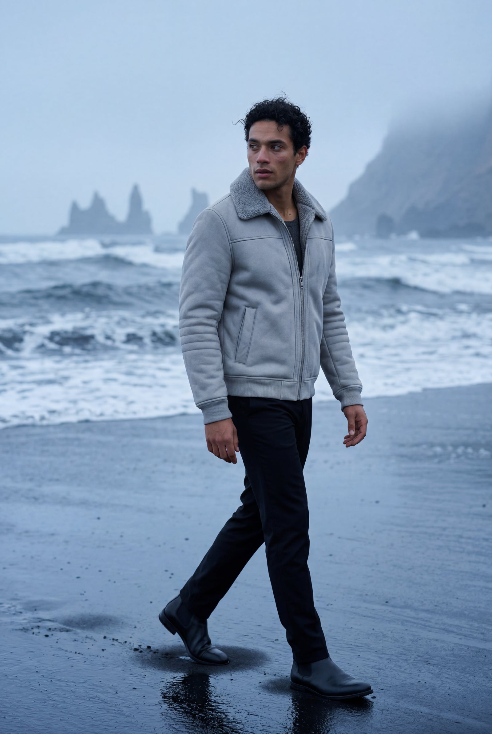Gray Collar Bomber Jacket with Ribbed Sleeves - Winter jackets - Photo 14