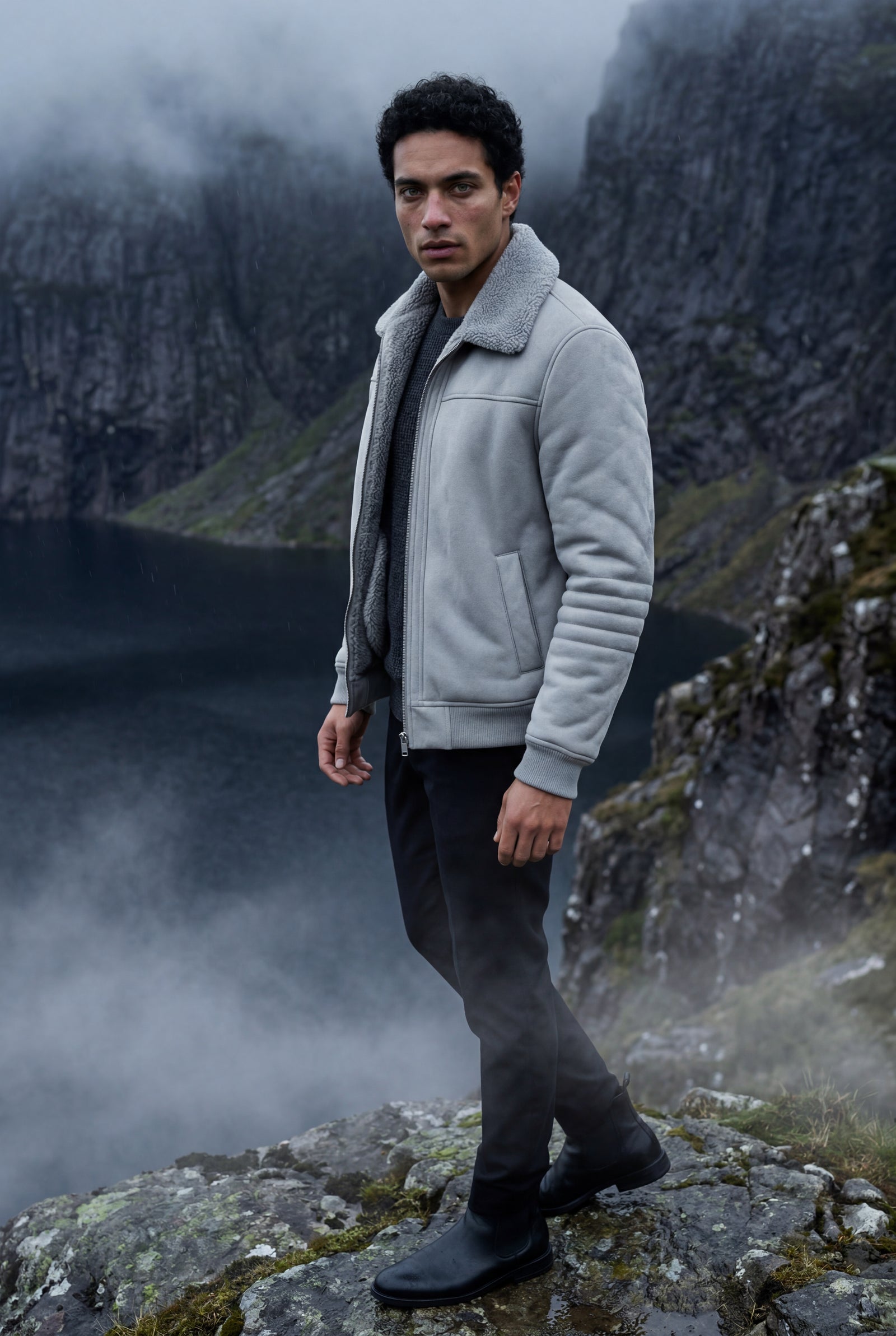 Gray Collar Bomber Jacket with Ribbed Sleeves - Winter jackets - Photo 16