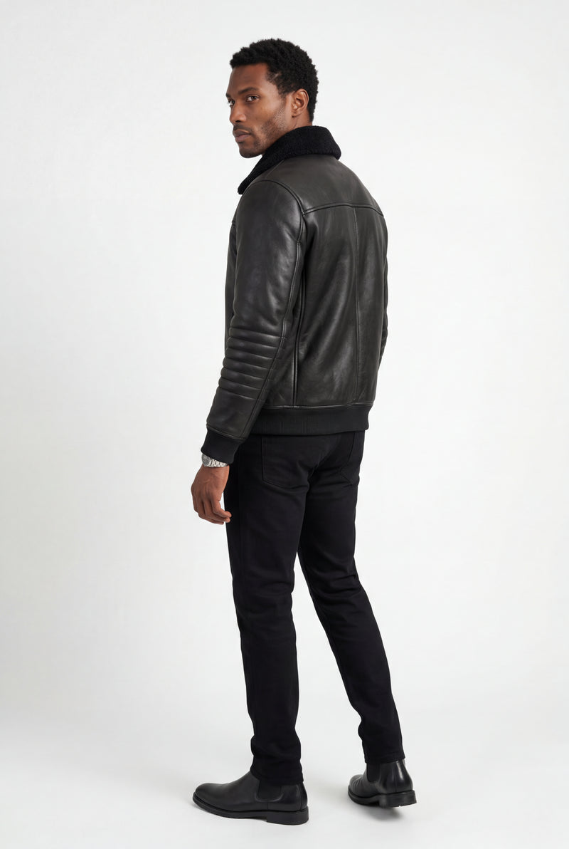 Black Collar Bomber Jacket with Ribbed Sleeves - Winter jackets - Photo 2