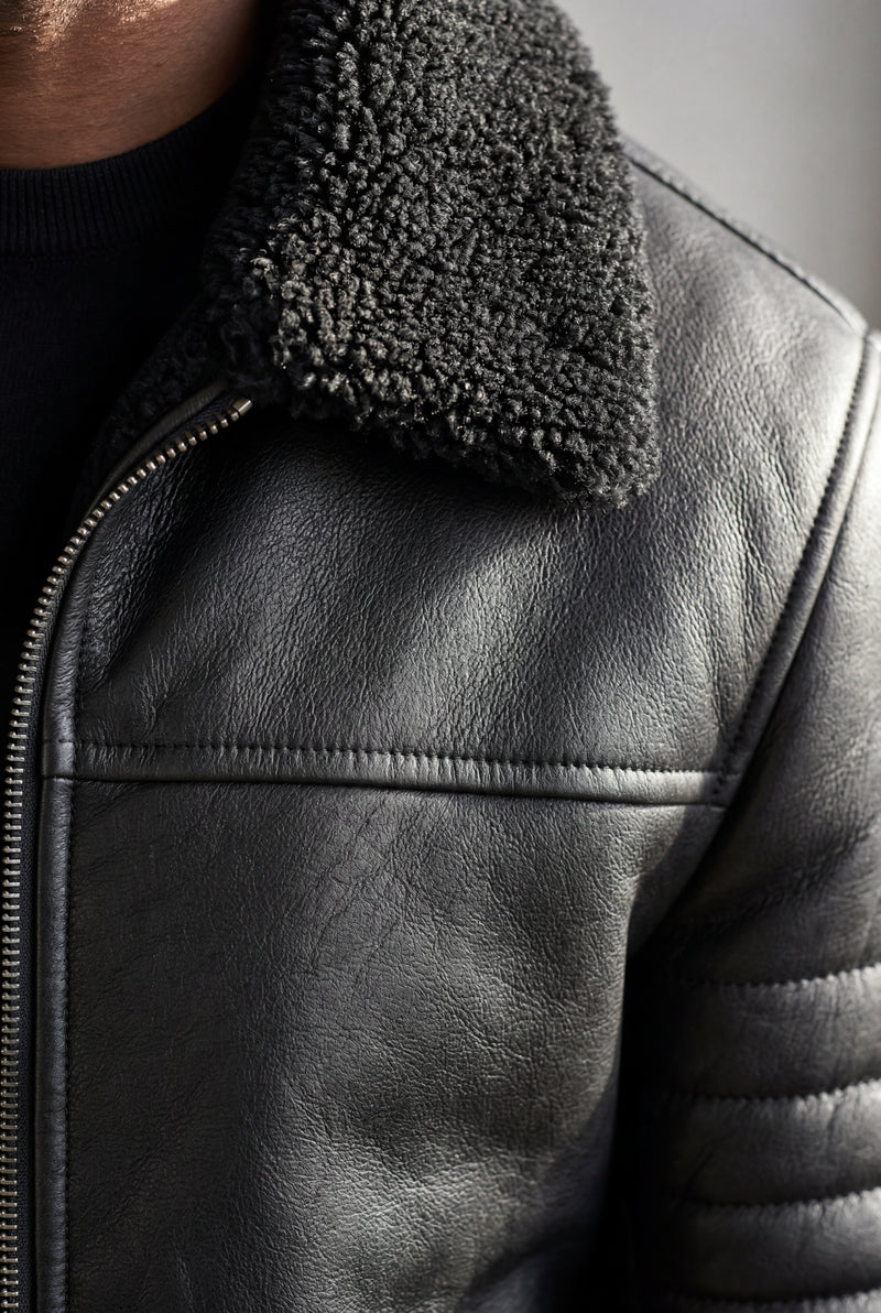 Black Collar Bomber Jacket with Ribbed Sleeves - Winter jackets - Photo 3