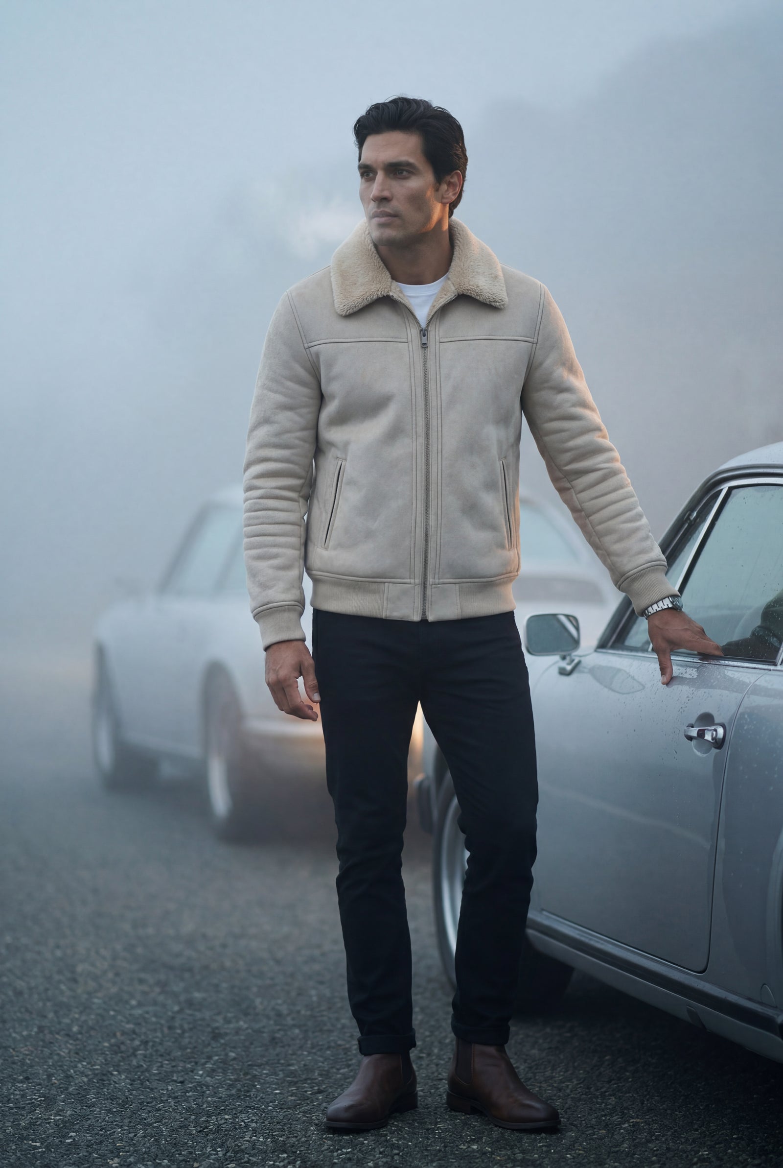 Beige Collar Bomber Jacket with Ribbed Sleeves - Winter jackets - Photo 7