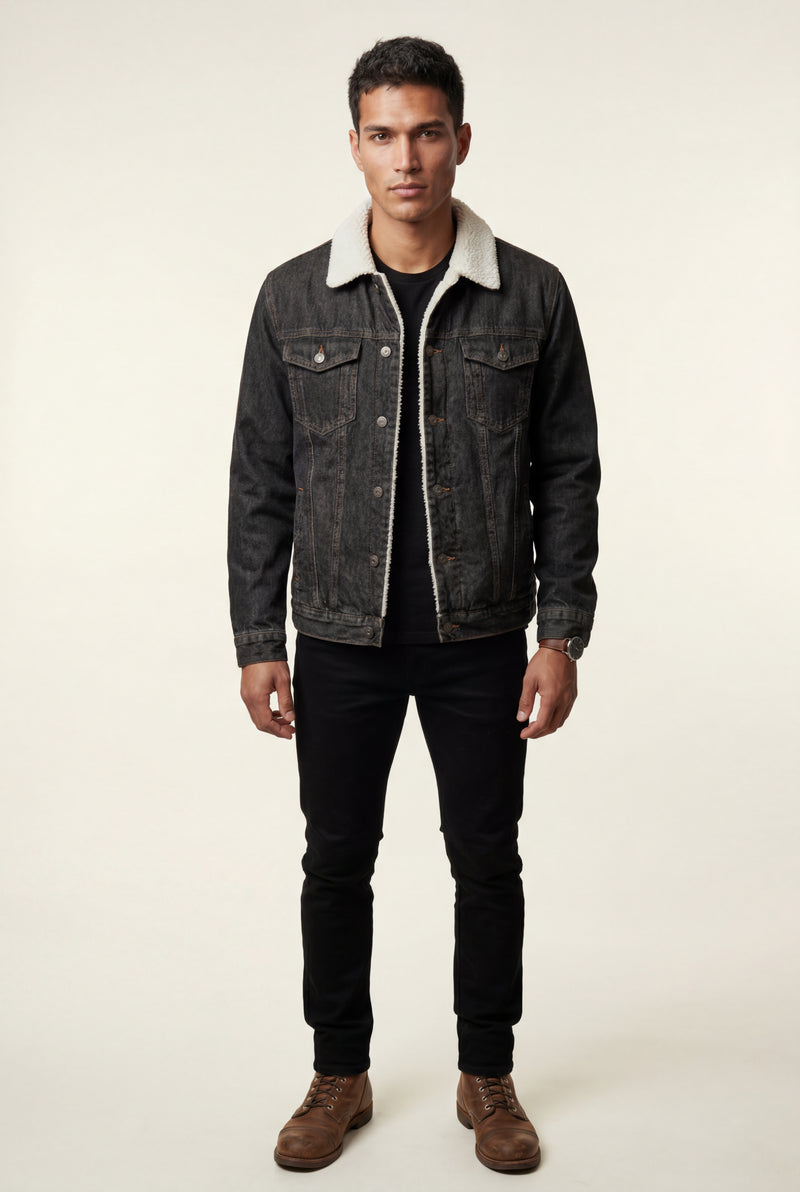 Black Collar Classic Trucker Jacket with Full Lining - Denim jacket - Photo 1