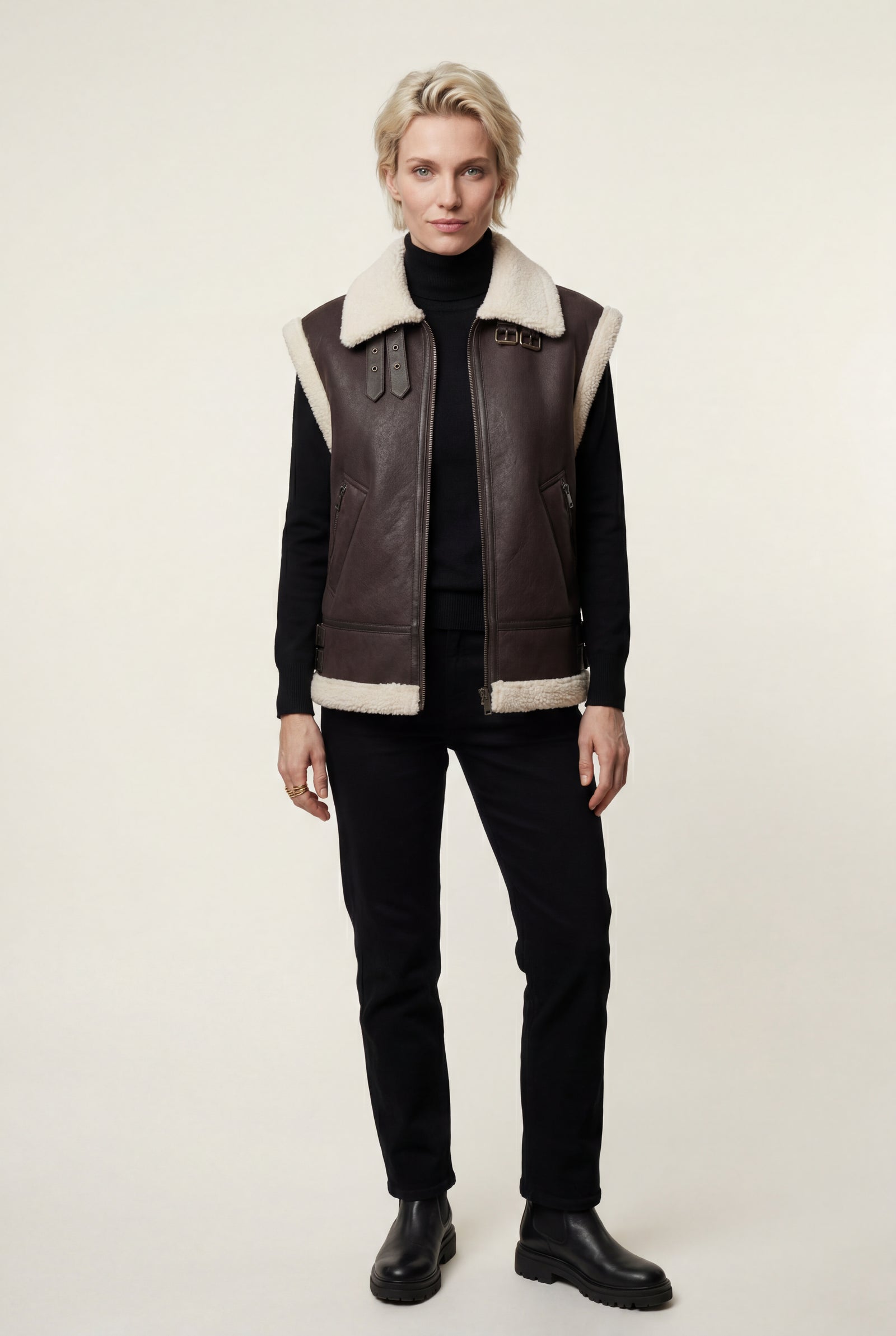 Black Collar Sleeveless Aviator Vest with Plush Trim - Aviator vests - Photo 3